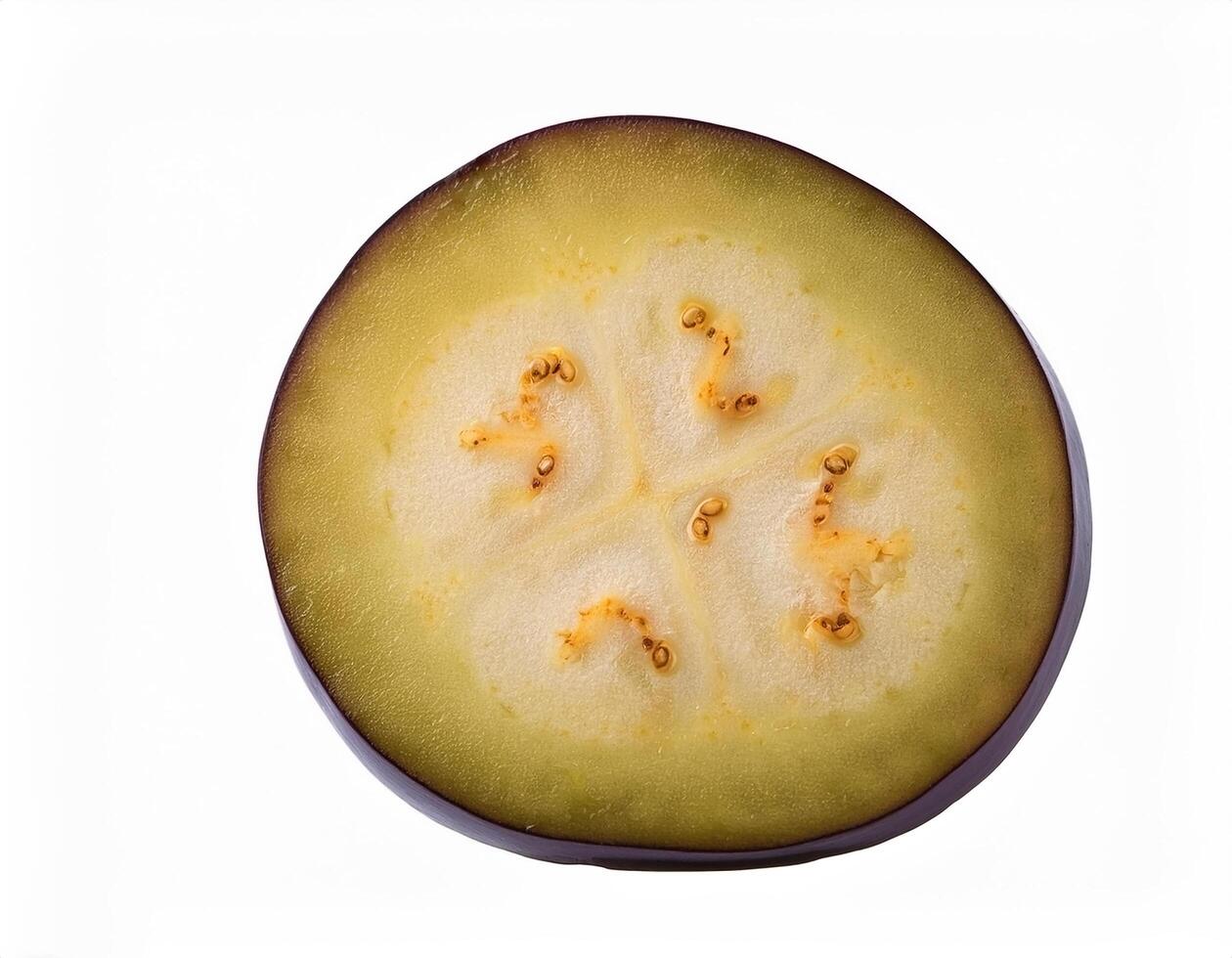 One slice of purple eggplant isolated, showing its rich texture and color photo
