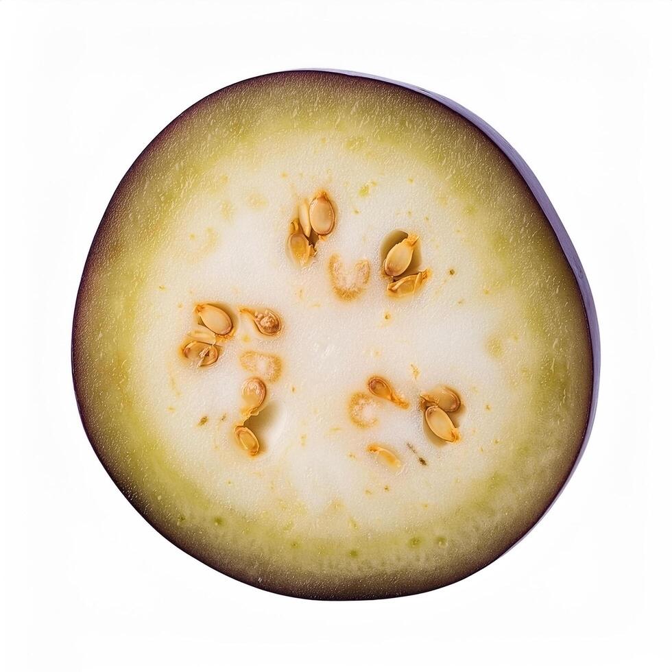 One slice of purple eggplant isolated, showing its rich texture and color photo