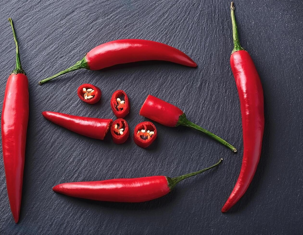 Red chili peppers arranged on a dark slate background photo