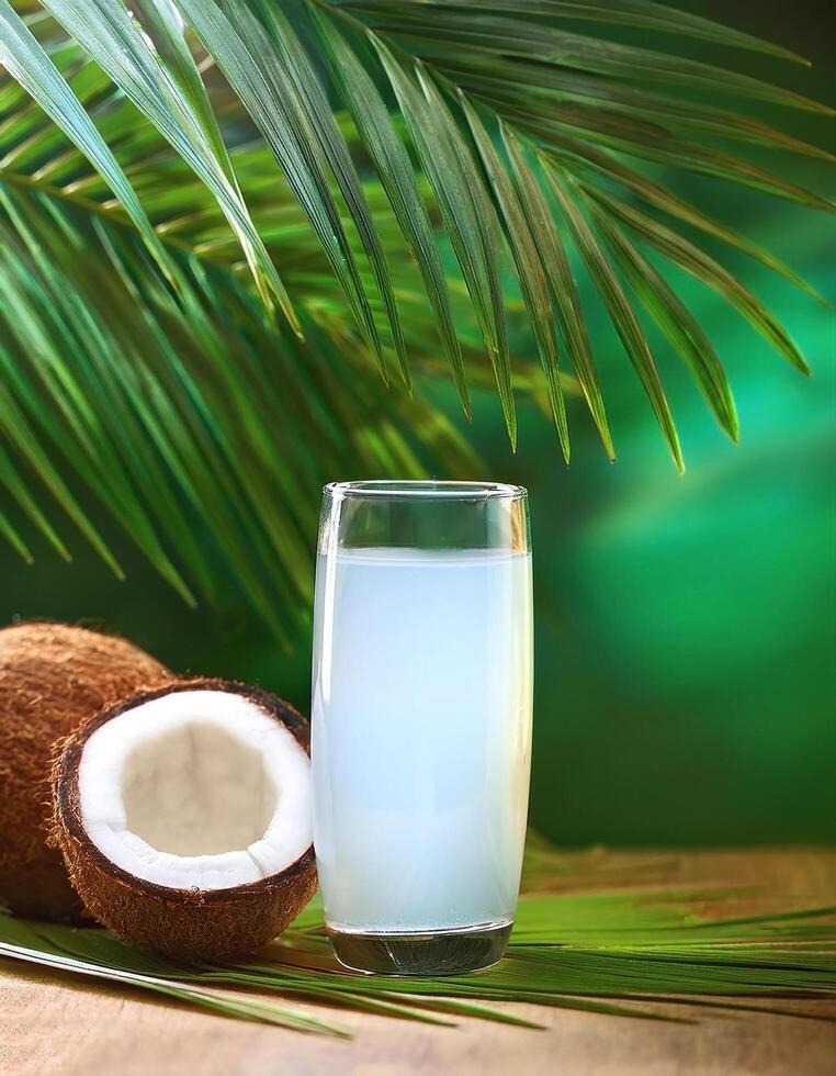 A glass of coconut water on a green tropical background photo