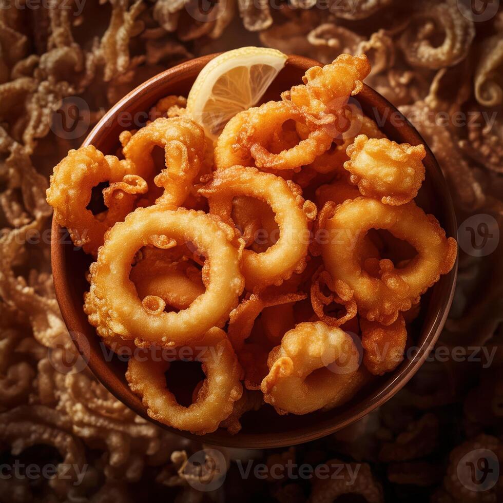 A bowl of fried squid with a slice of lemon photo