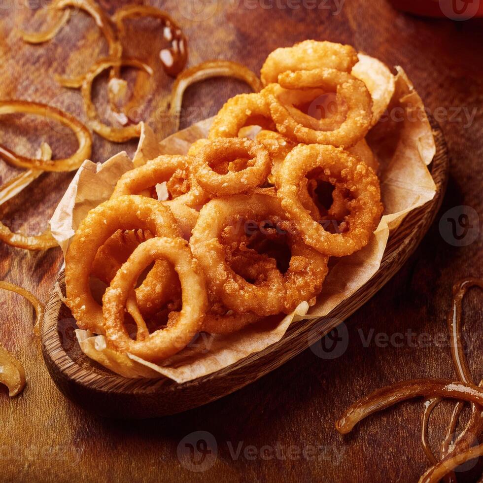 A bowl of onion rings on a wooden table photo