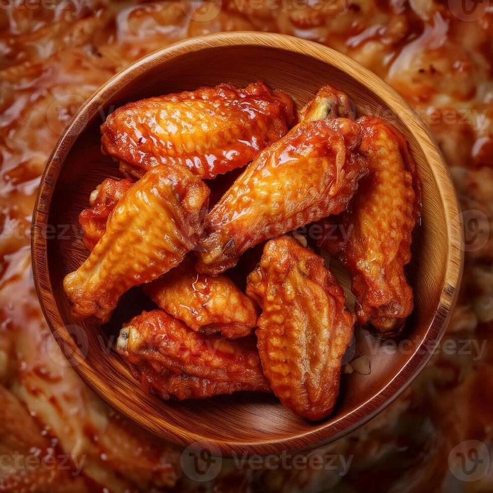 A bowl of wings is shown on a wooden table photo