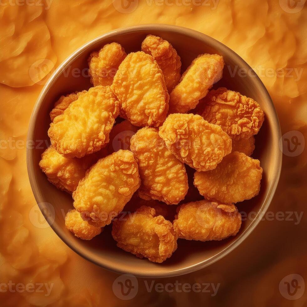 A bowl of fried chicken nuggets on a table photo