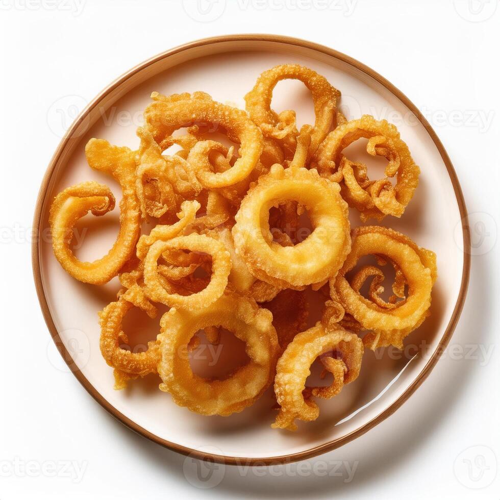 A plate of fried squid rings on a white surface photo