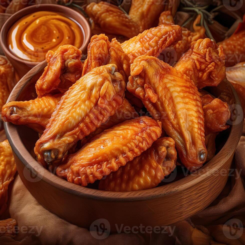 A bowl of wings with dipping sauce on top photo