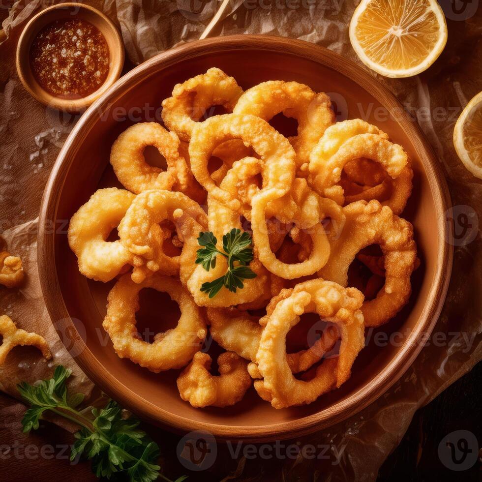 Fried calamari in a bowl with lemon slices photo