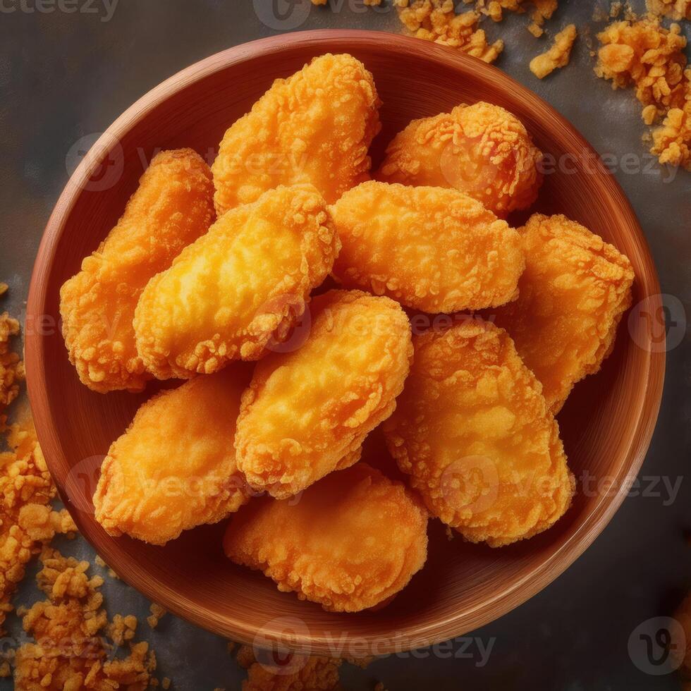 A bowl of fried chicken nuggets sitting on top of a table photo