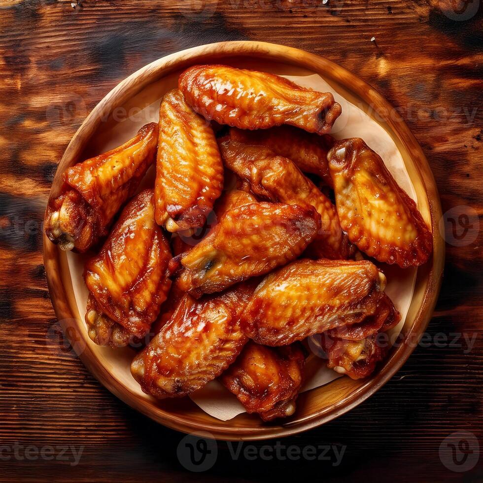 Chicken wings in a bowl on a wooden table photo