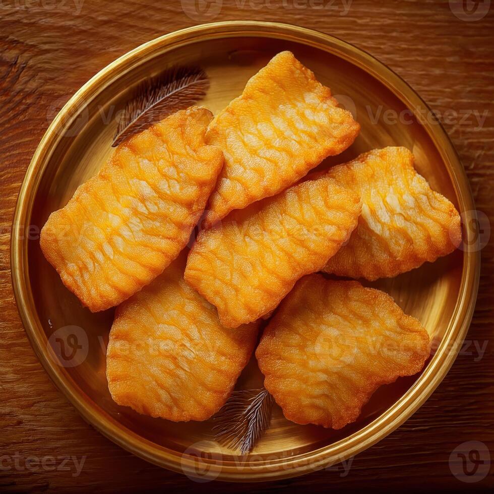 Fried fish on a plate on a wooden table photo
