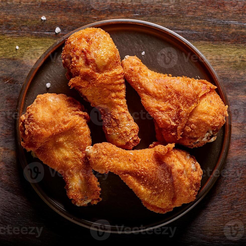 Four fried chicken wings on a plate on a wooden table photo