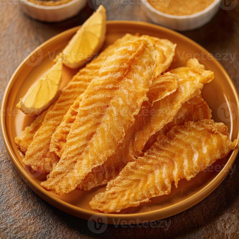Fish fillets with lemon slices on a plate photo