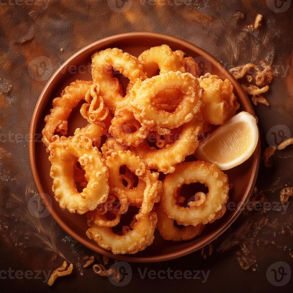 Fried squid rings on a plate with a lemon wedge photo