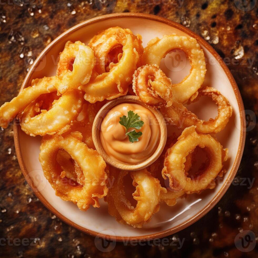 Fried calamari on a plate with sauce photo