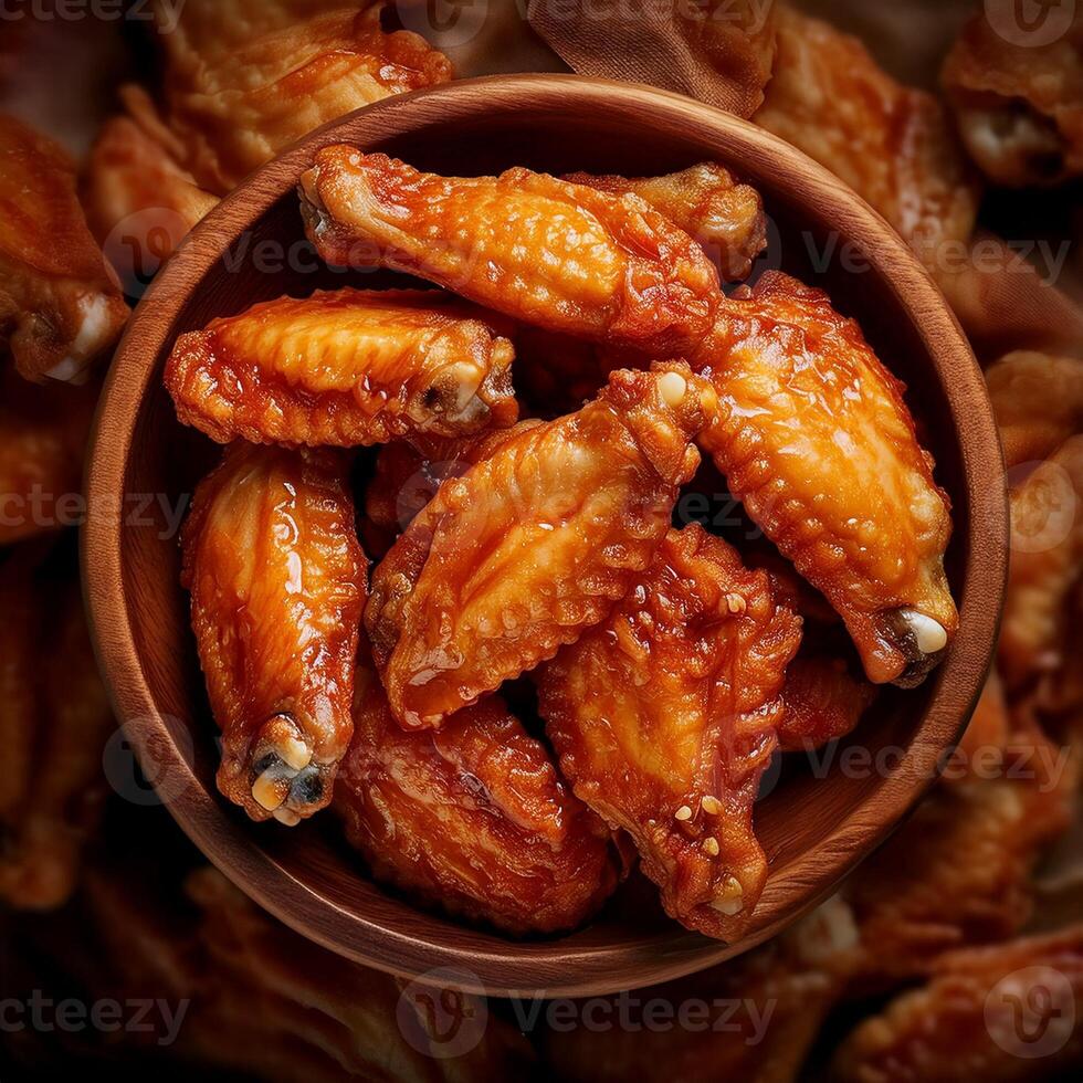 A bowl of wings is shown in the background photo