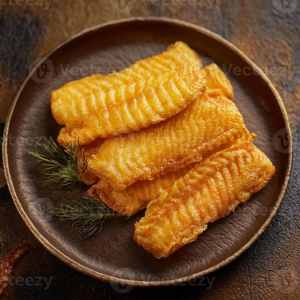 Fish fillets on a plate with a sprig of rosemary photo
