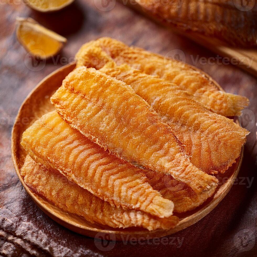 Fish fillets on a wooden plate with lemon slices photo