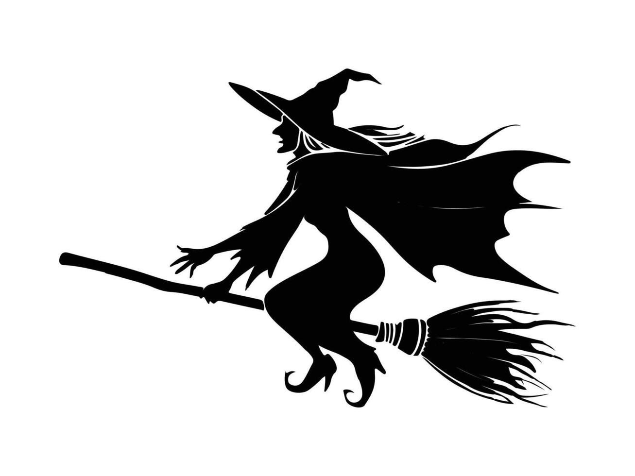 A black and white silhouette of a witch flying on a broom vector