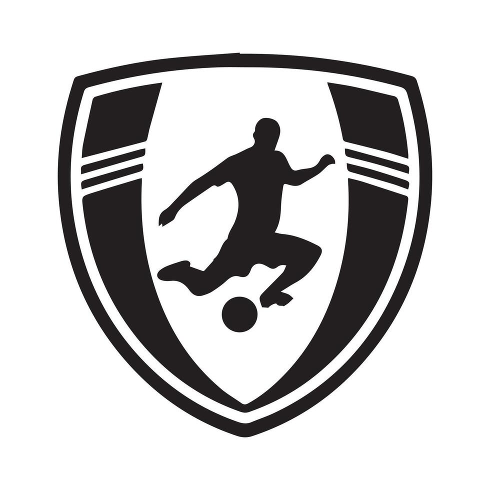 Soccer player jumping with ball in shield logo vector