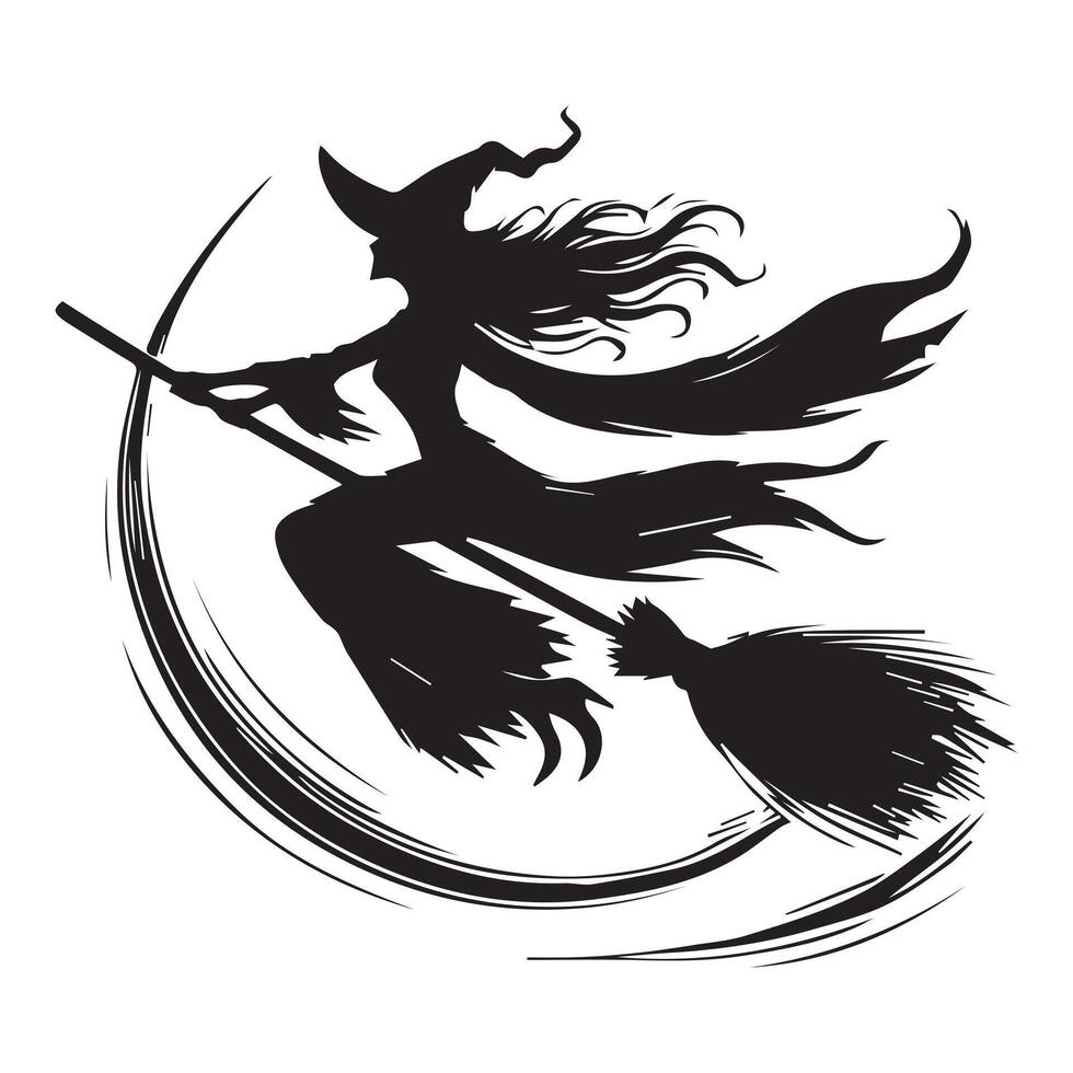 A witch flying on a broom with a crescent moon in the background vector