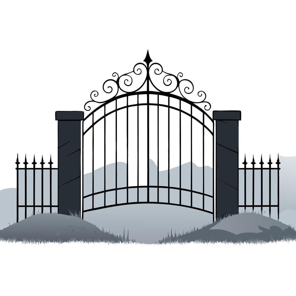 A Victorian old black gate slightly visible in the fog and frosted landscape. vector