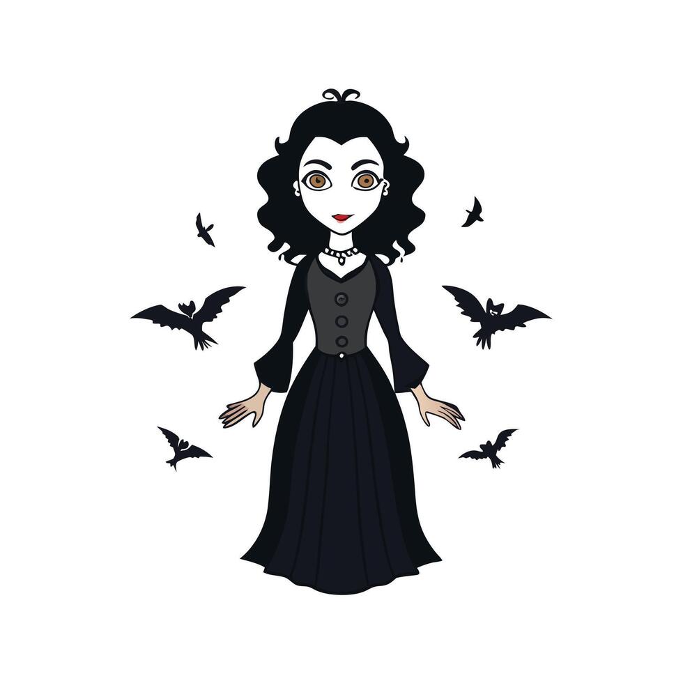 Mysterious woman in black gothic dress in the mist surrounded by ravens. . vector