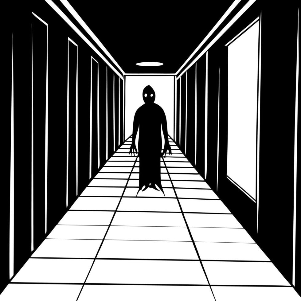 Horrific scene of a dark corridor with a scary silhoutte. Halloween horror. vector