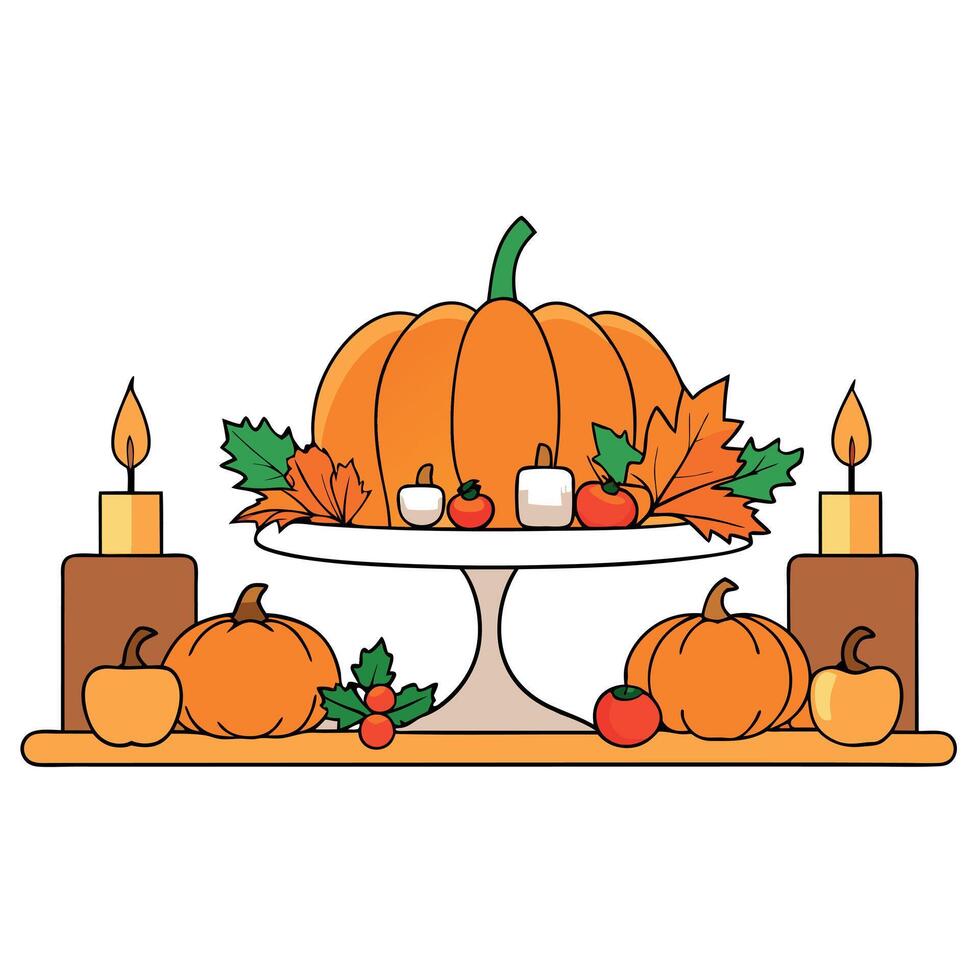 Happy Thanksgiving season celebration traditional pumpkins on decorated table fall autumn leaves background. Halloween decorations autumn cozy backdrop. mock up. copy space. vector
