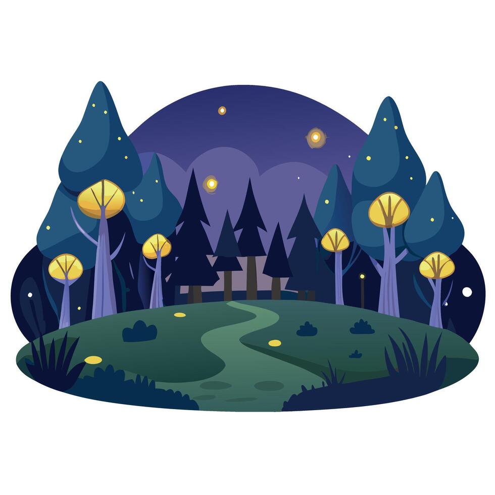 Magical dark fairy tale forest at night with glowing lights vector