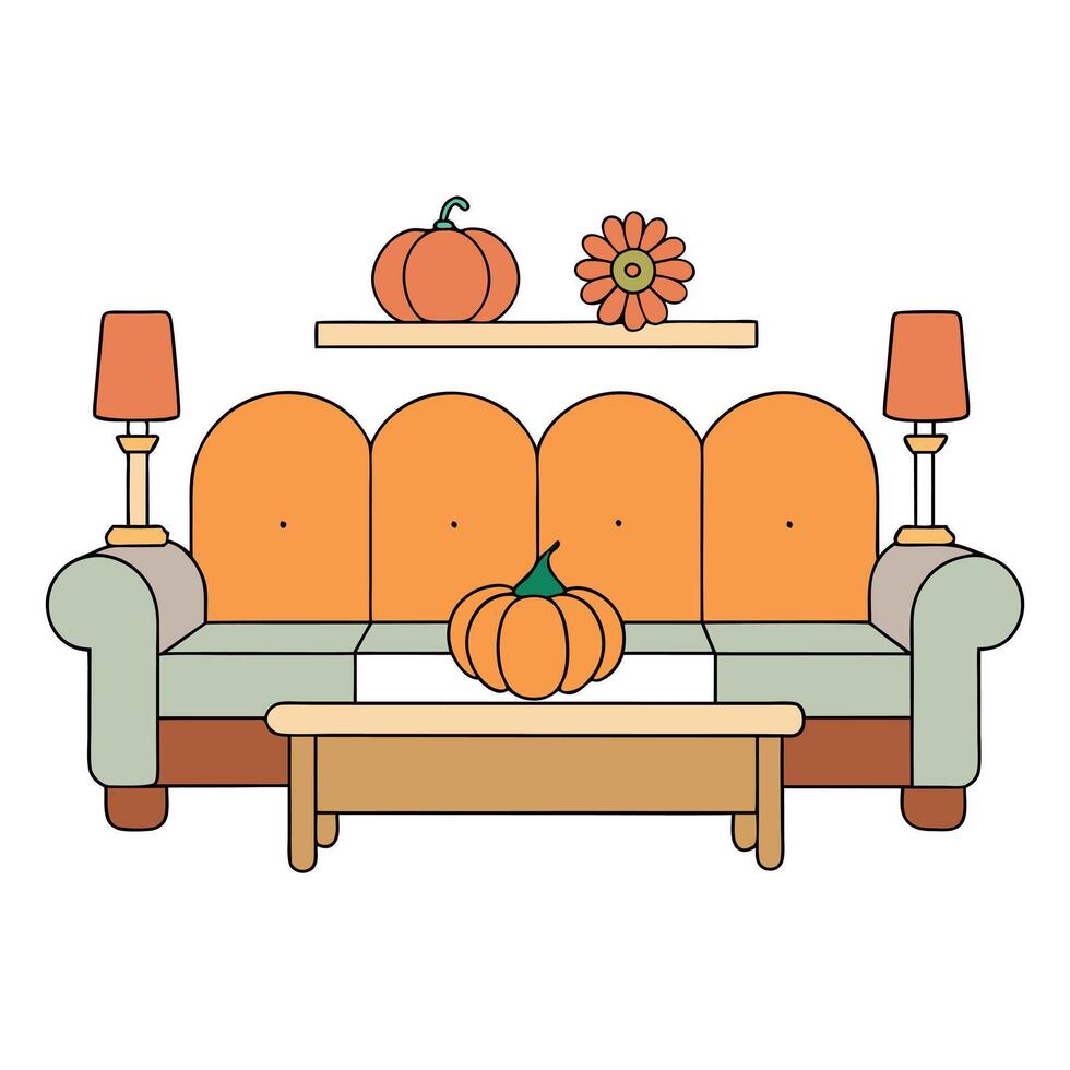Classic living room with sofa and table decorated with pumpkins and flowers for thanksgiving day. AI . vector