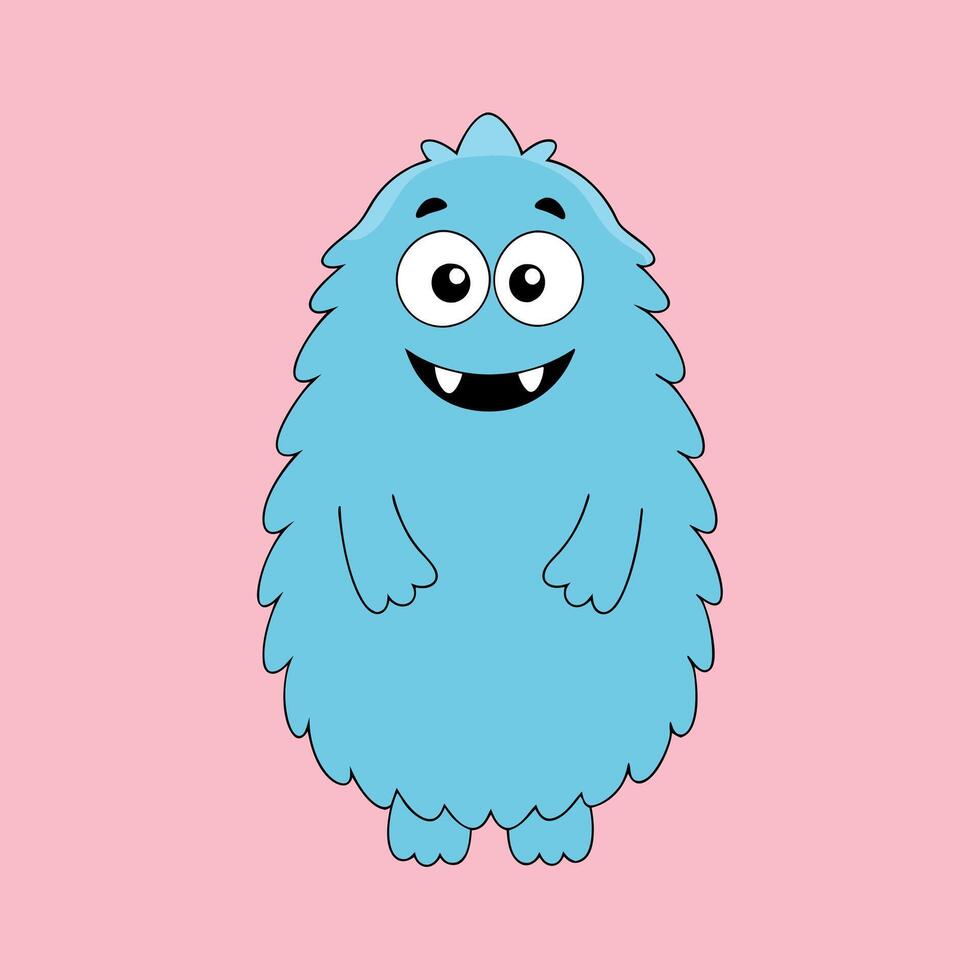 Funny fluffy monster isolated on clear pink background. Happy and furry little monster. Cute yeti. Halloween character vector