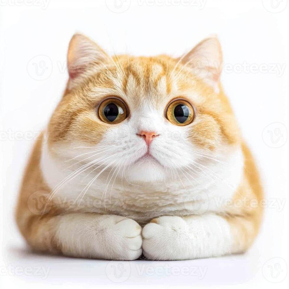 adorable Minuet cat sits with its short legs and round, plush body, exuding charm and curiosity while surrounded by a clean white background. photo