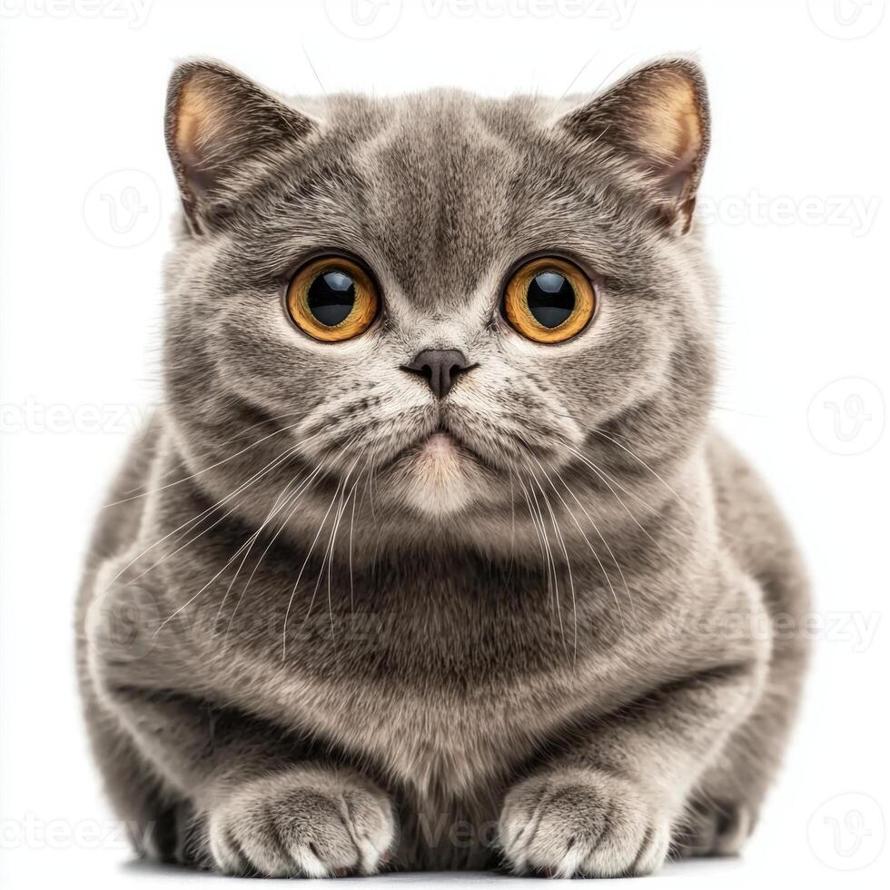 adorable Scottish Fold cat sits attentively, its distinctive folded ears and large, round eyes exuding charm and curiosity, perfectly highlighted by the white background. photo