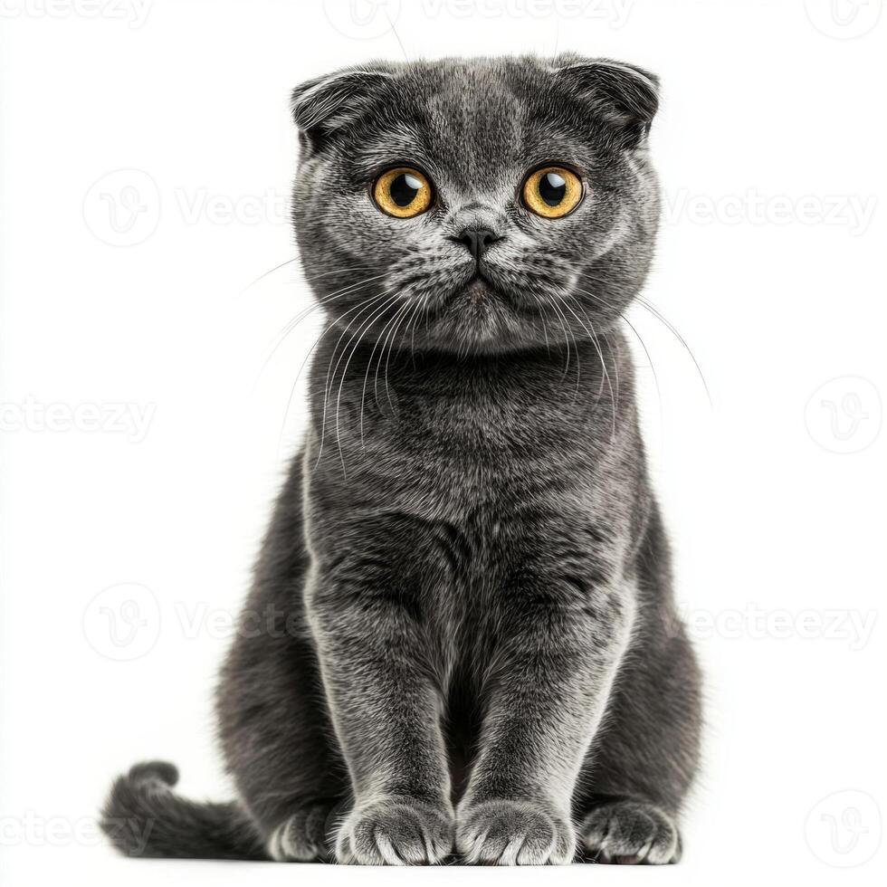 adorable Scottish Fold cat showcases its unique folded ears and expressive eyes, exuding charm and curiosity in a bright, minimalist setting that highlights its features. photo