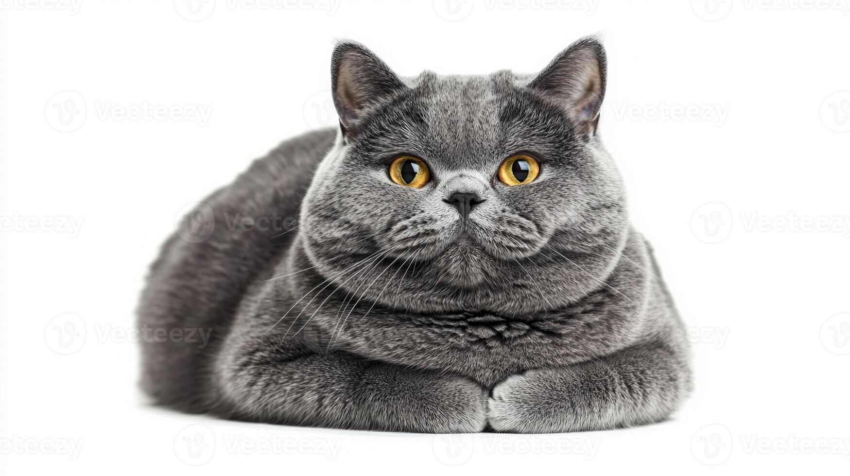 British Shorthair cat lounges comfortably with its plush gray coat and distinctive round face, exuding an aura of tranquility and charm. photo