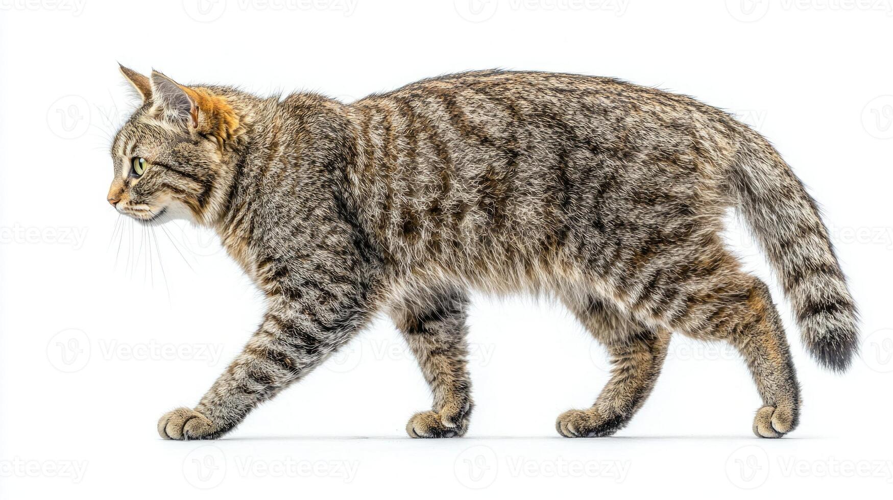 Chausie cat stands tall, revealing its muscular and elegant form against a bright white backdrop, embodying the essence of a wild feline photo