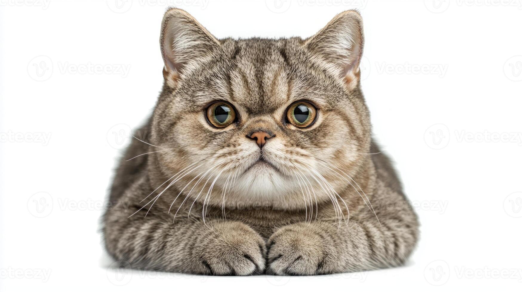 charming American Shorthair cat showcases its round face and distinct striped coat. The feline sits gracefully with an intriguing expression, captivating hearts at first glance. photo