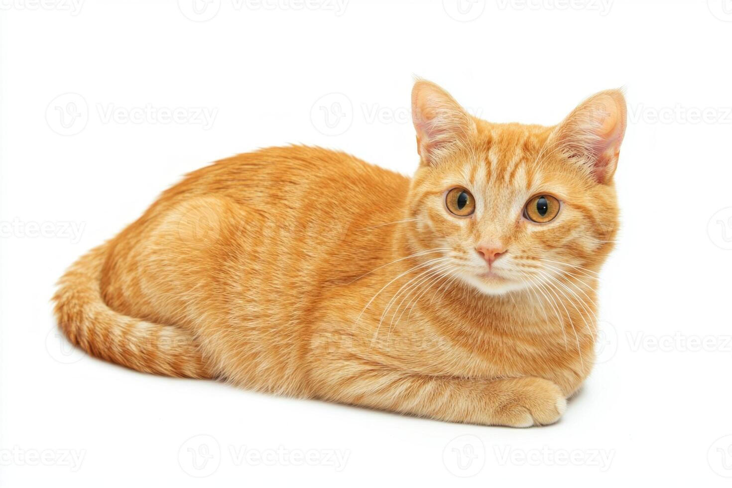 charming Munchkin cat sits contentedly, showcasing its distinctive short legs and round body. The vibrant orange coat adds to its playful character in a serene setting. photo