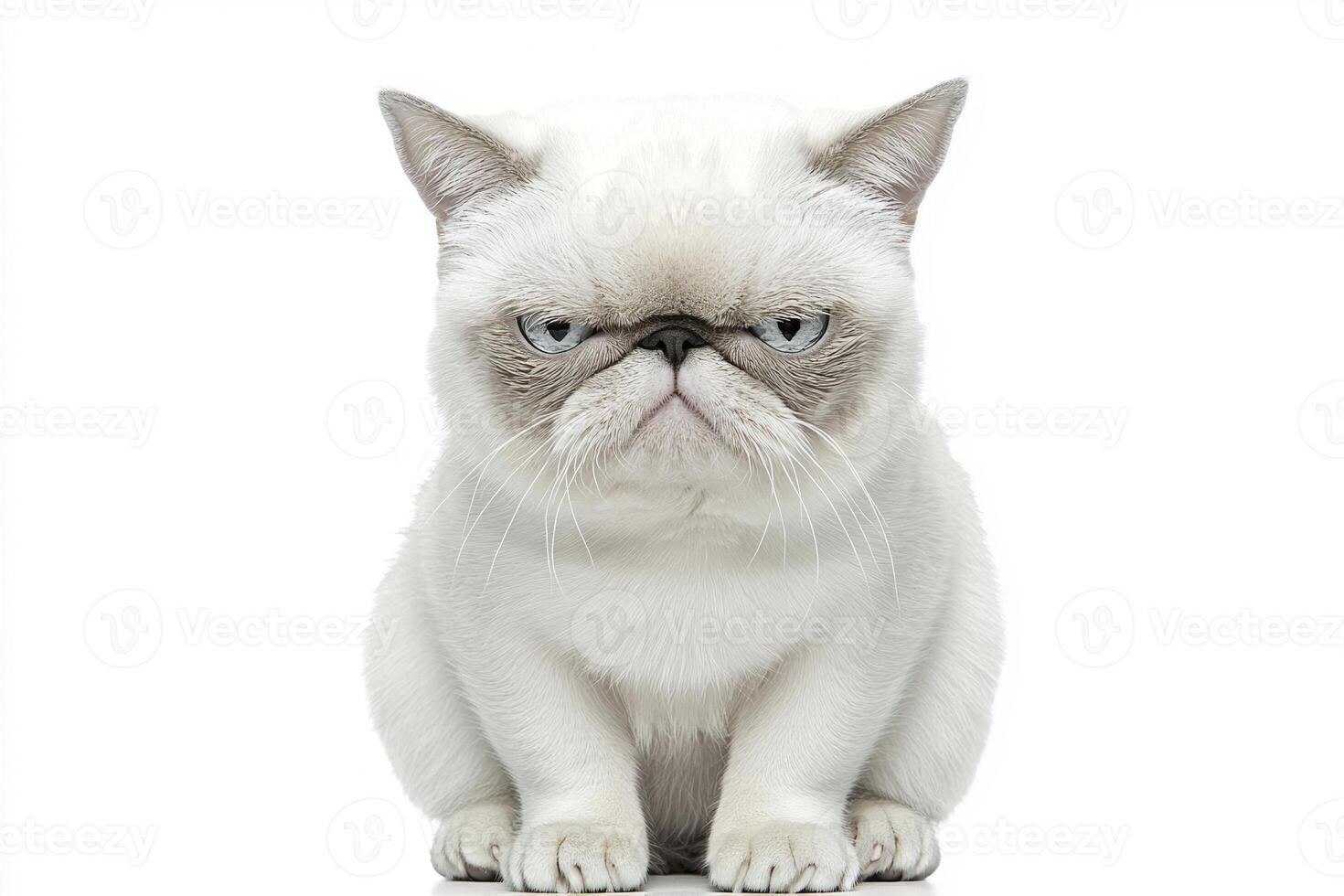 Exotic Shorthair sits gracefully, showcasing its plush coat and unique flat face. This captivating feline exudes charm in a serene, minimalist setting. photo
