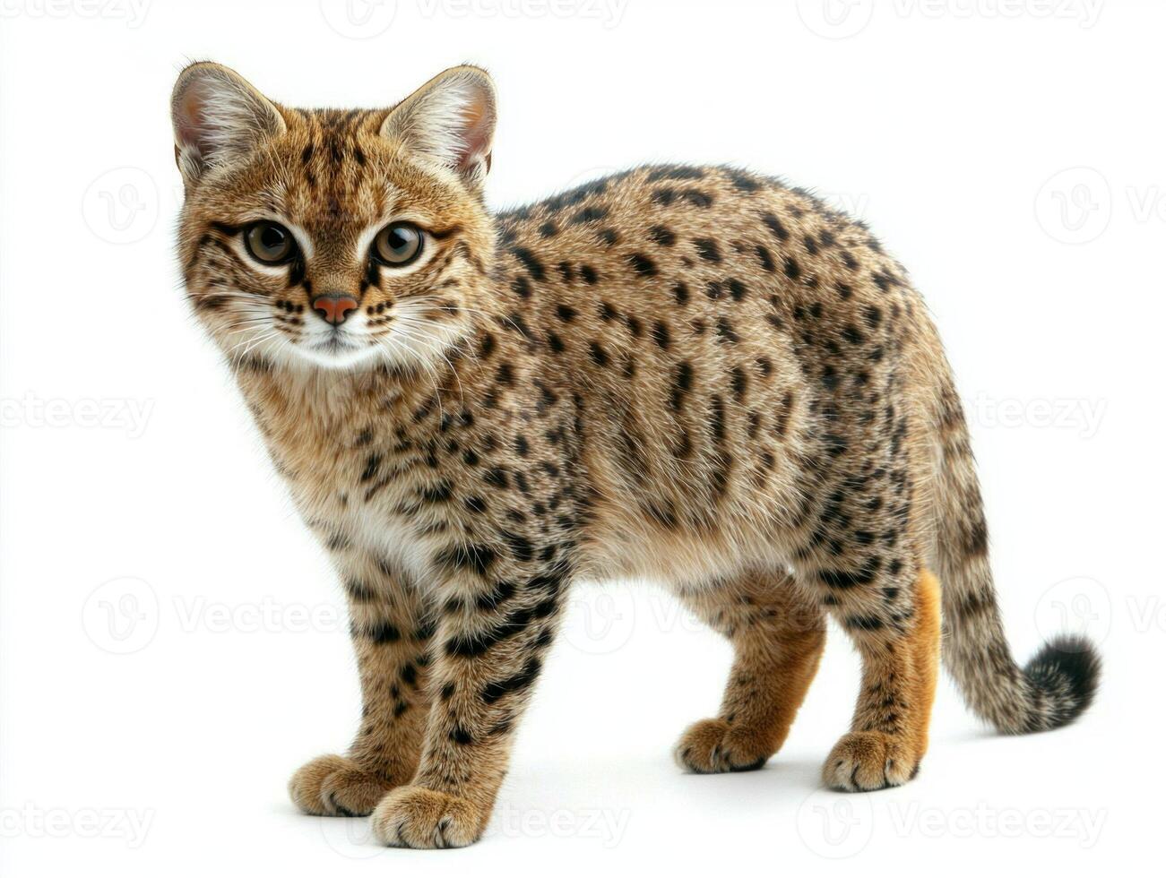 captivating Pixie Bob cat, adorned with a spotted coat and a short tail, strikes a playful pose. Its lively demeanor radiates charm against a stark white background. photo