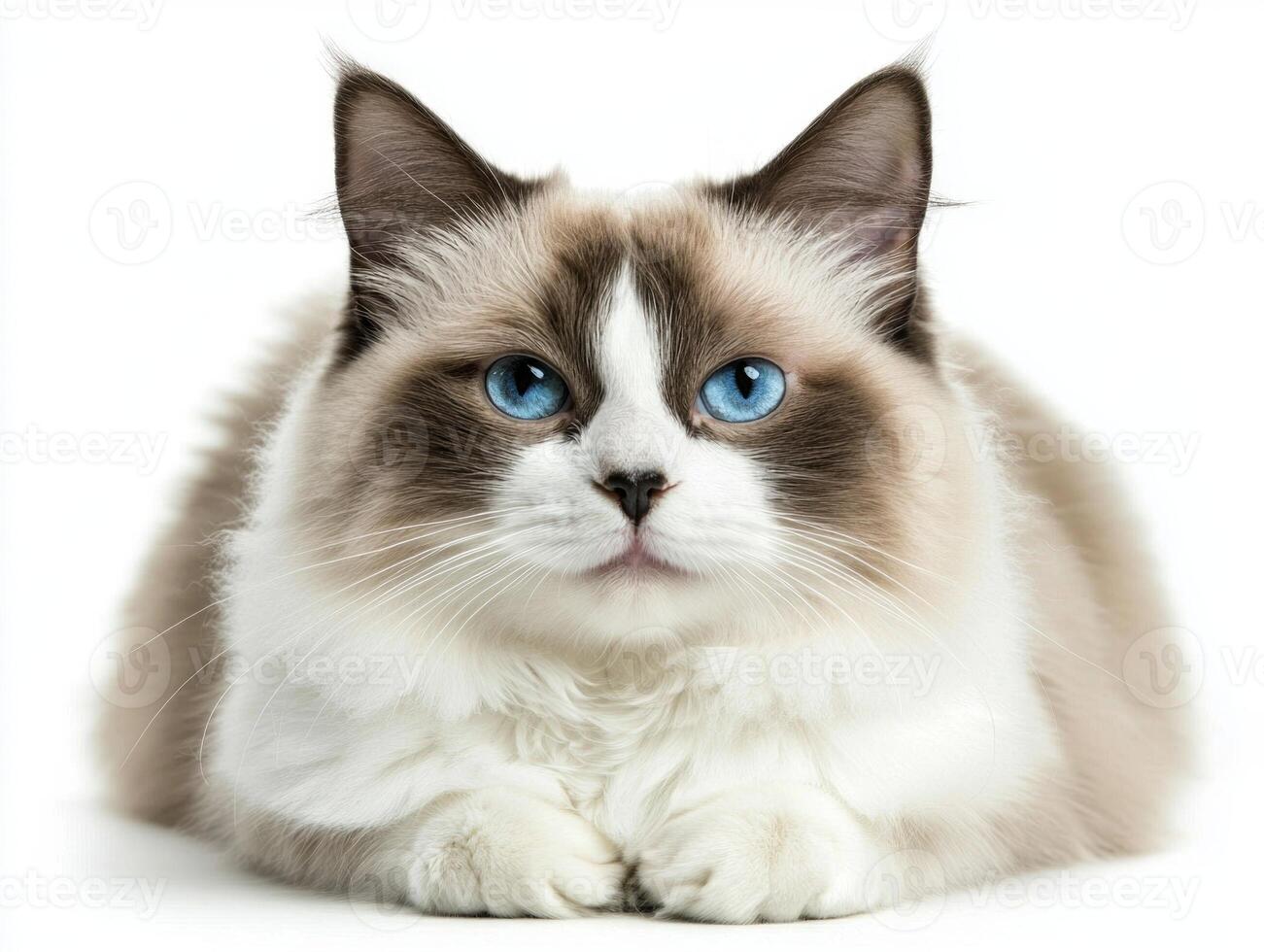 serene Ragdoll cat lounges comfortably, showcasing its luxurious fur and soft demeanor, perfectly set against a clean white backdrop. photo