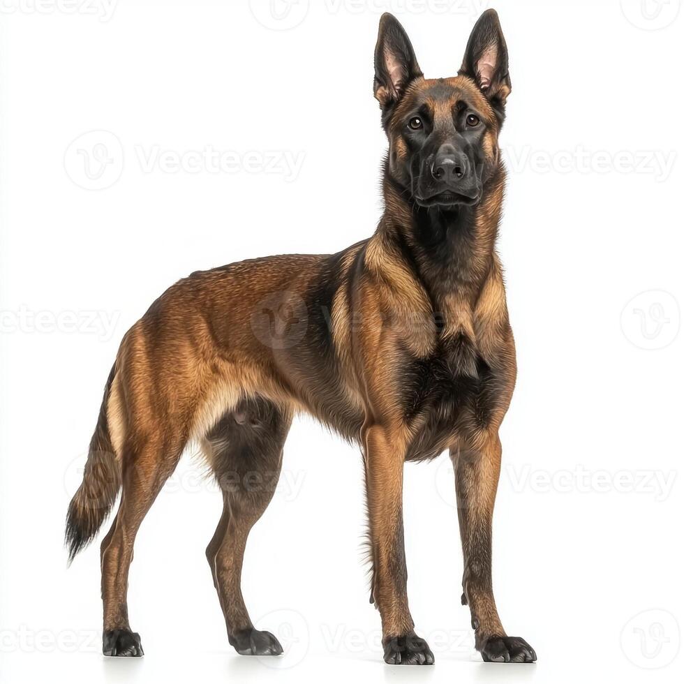 This elegant Belgian Malinois stands tall and proud, showcasing its muscular physique and sharp gaze. The dog's alert demeanor captures a sense of strength and focus. photo