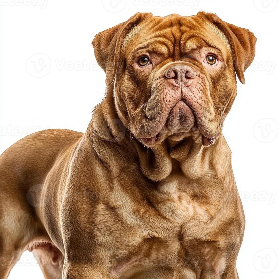 striking Dogue de Bordeaux stands proud, highlighting its large head and muscular build. This gentle yet formidable breed exudes strength and loyalty in a minimalist setting. photo