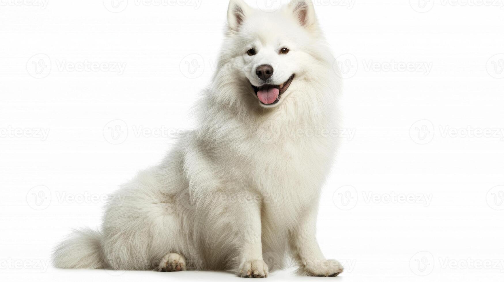 This delightful Samoyed sits proudly, its fluffy white coat gleaming against a pristine background. The dog's joyful expression captures a moment of pure happiness and charm. photo