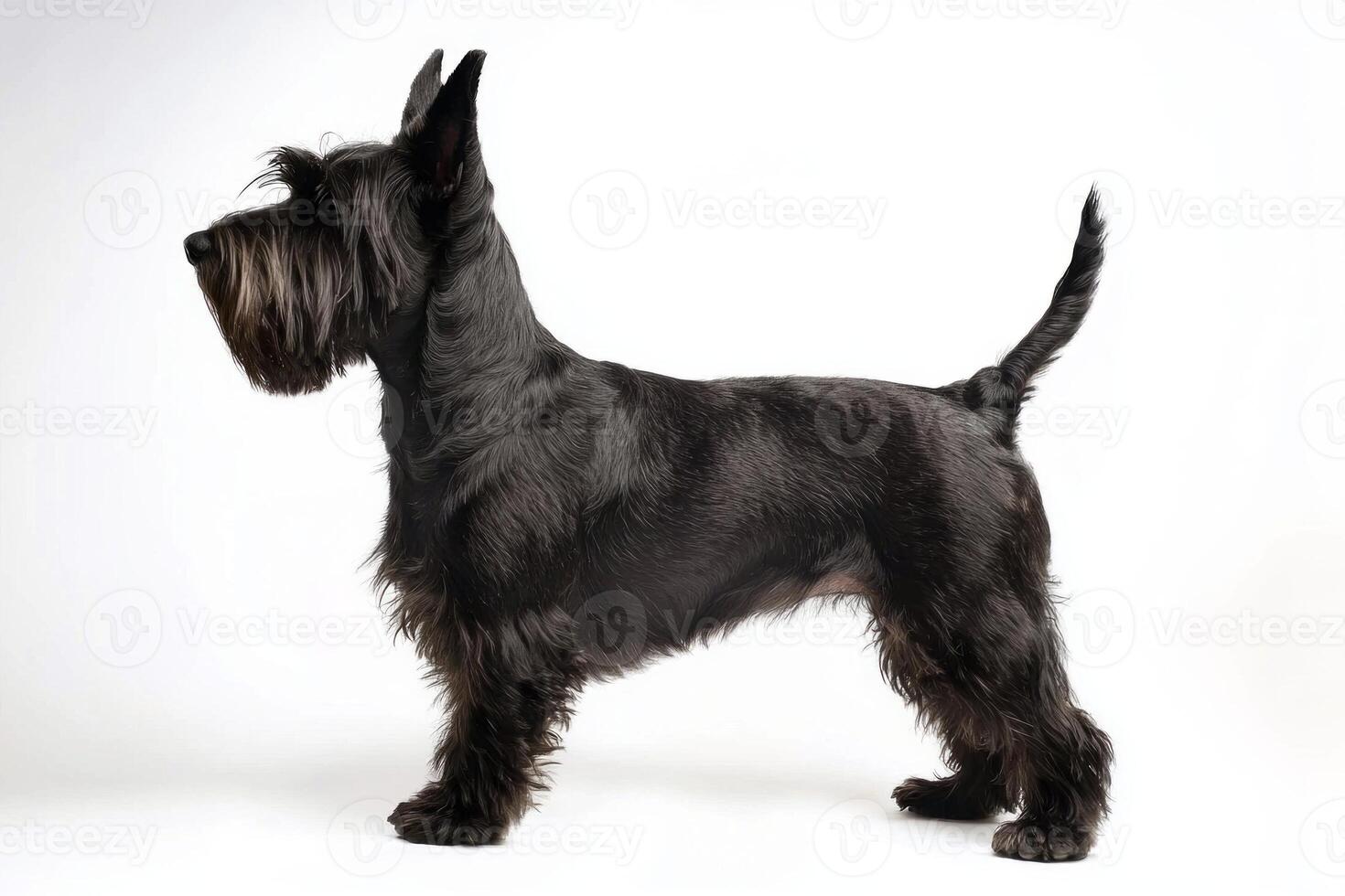 This Scottish Terrier stands tall and proud, with its short legs and fluffy coat perfectly framing its playful demeanor against a stark white backdrop, exuding charm and character. photo