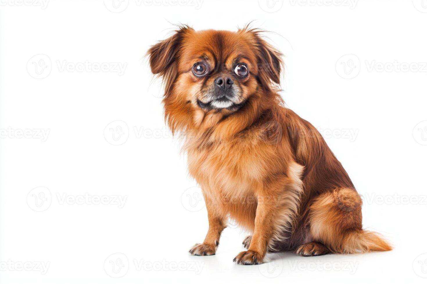 A delightful Tibetan Spaniel sits gracefully, showcasing its fluffy coat and inquisitive eyes. The dog exudes warmth and charm in a simple, white setting. photo