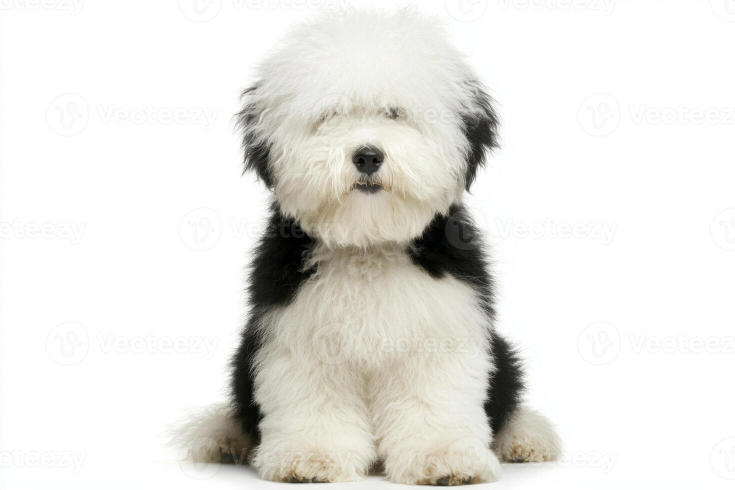 An adorable Old English Sheepdog sits quietly, its fluffy coat obscuring its eyes, creating a playful yet endearing presence in a minimalist setting. photo