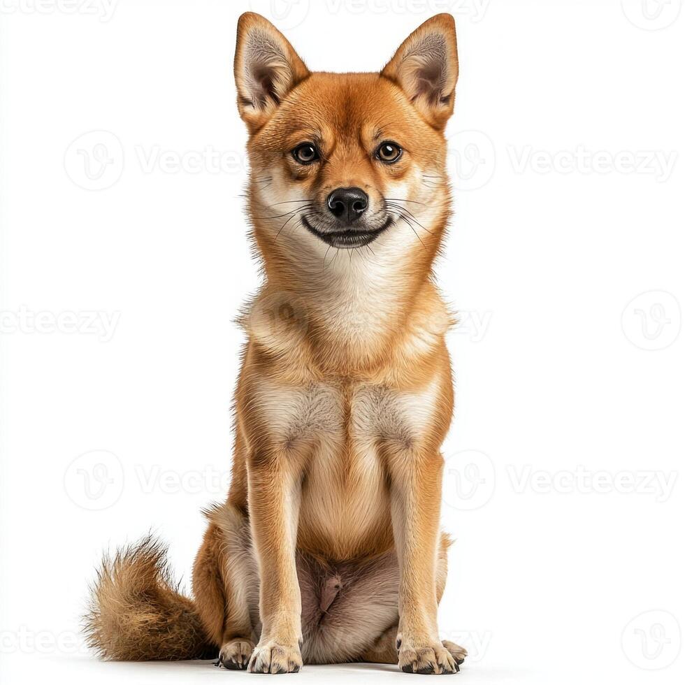 Exuding charm and inquisitiveness, a Shiba Inu sits gracefully with its distinctive fox-like face and curled tail, showcasing its playful nature in a strikingly clean setting. photo