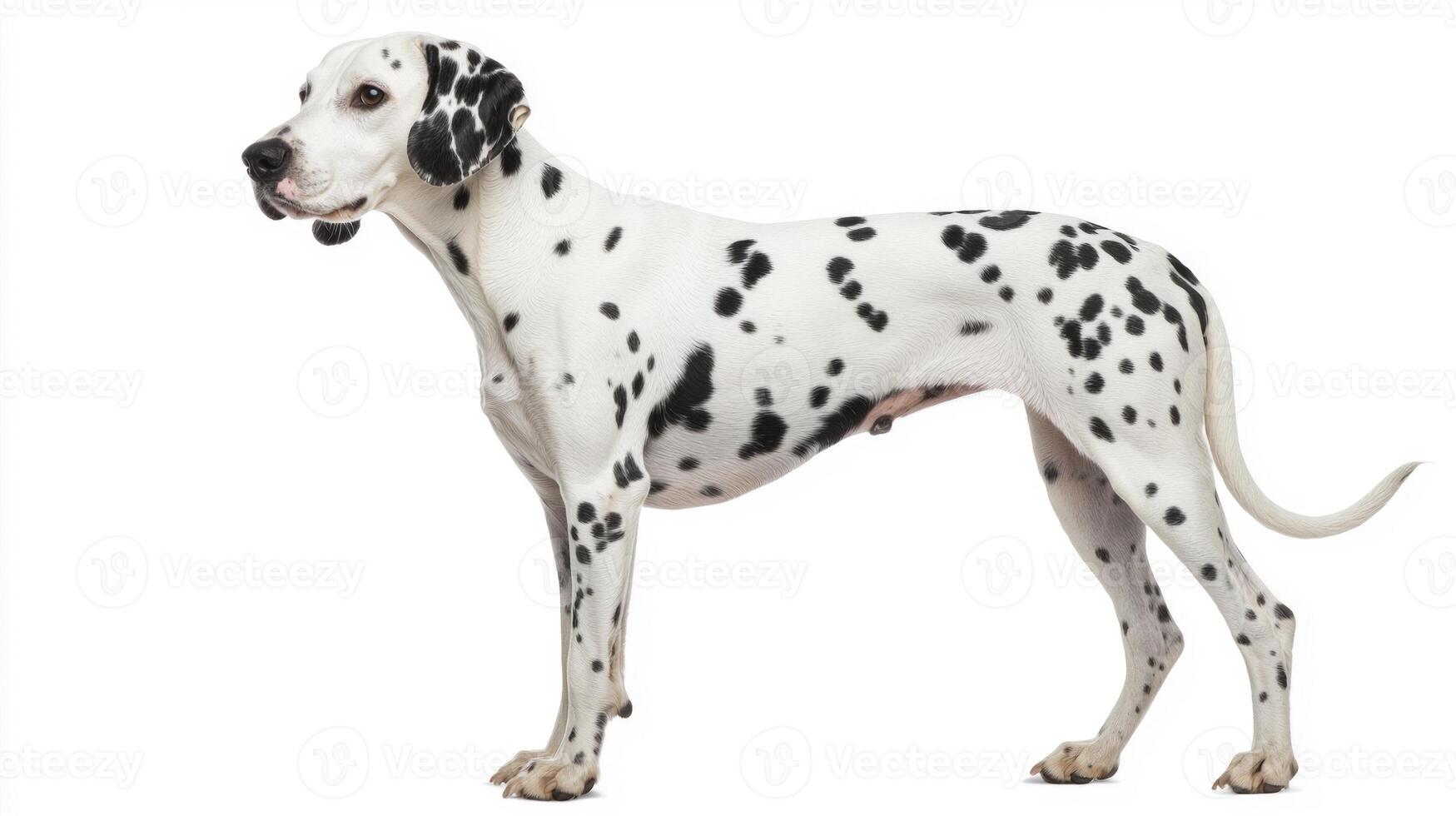A striking Dalmatian stands gracefully, its unique spotted coat highlighted against a clean white background. The dog's elegant posture captures attention and admiration. photo