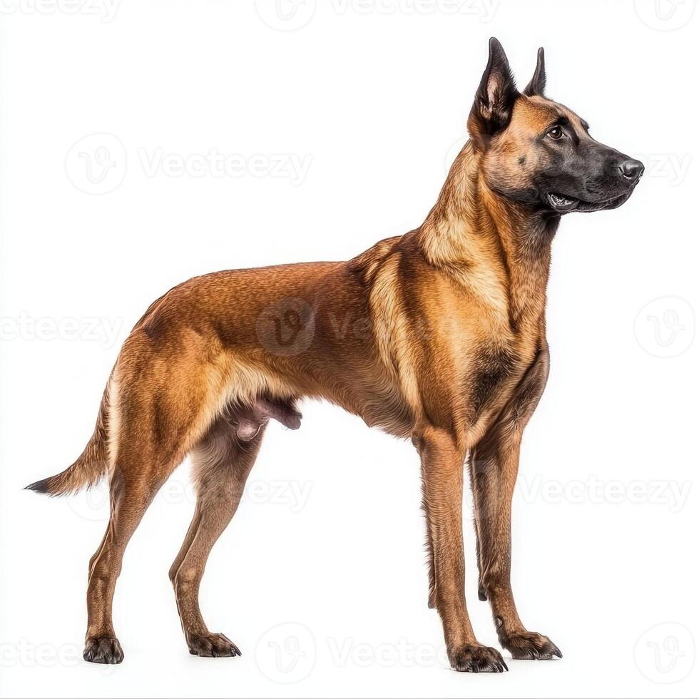 striking Belgian Malinois stands tall with a sleek physique, exuding confidence and alertness. Its intense gaze and poised stance isolated on white background. photo
